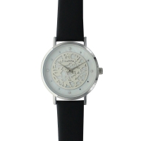 Montre Lutetia boîtier couleur argent motif floral, pierres synthétiques, bracelet cuir de veau noir