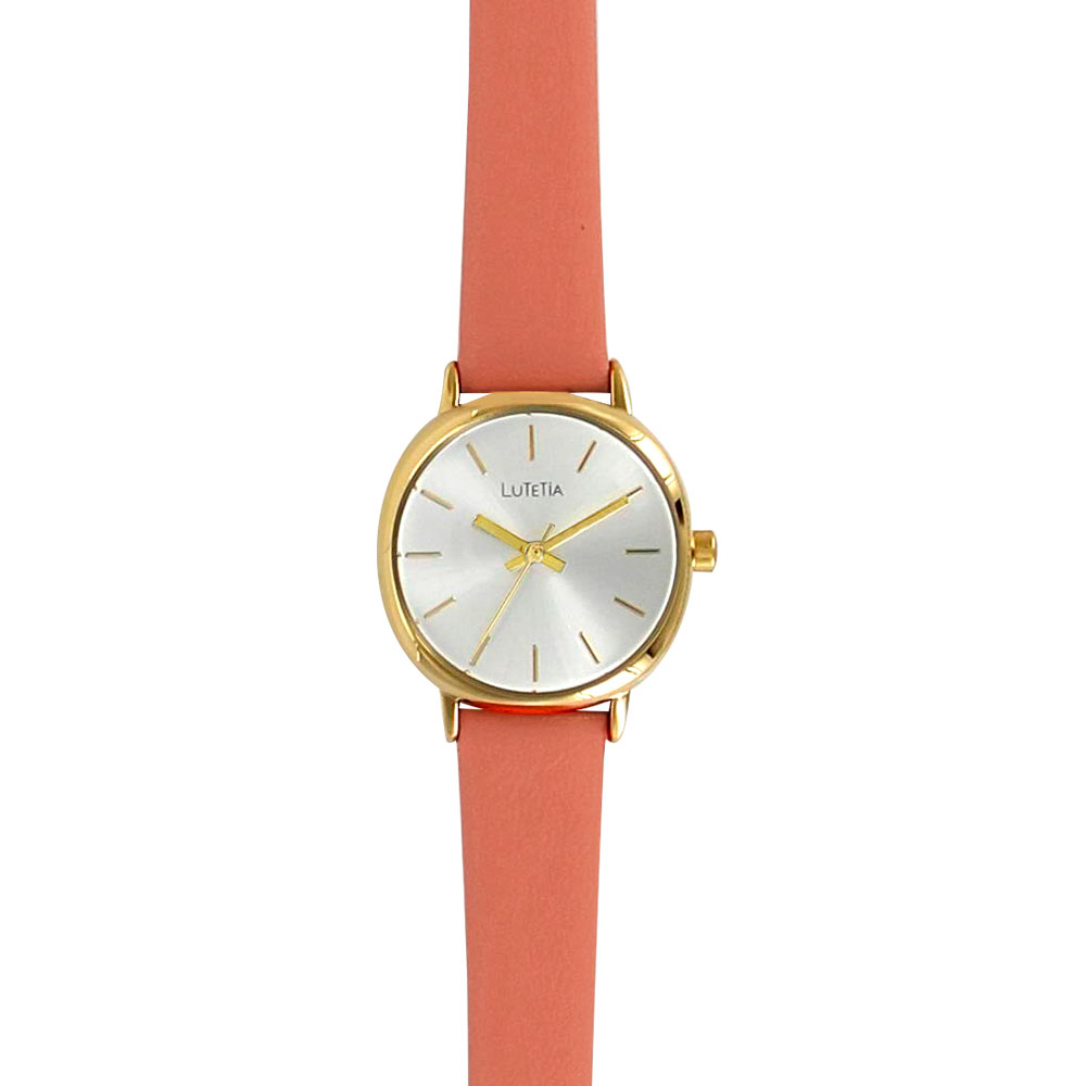 Montre Lutetia boîtier coussin métal doré, cadran argenté et bracelet cuir de veau couleur corail