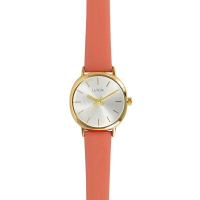 Montre Lutetia boîtier coussin métal doré, cadran argenté et bracelet cuir de veau couleur corail