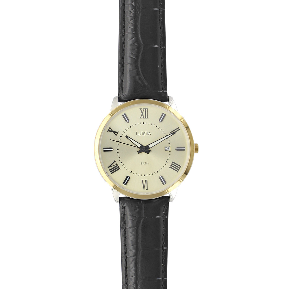 Montre Lutetia boîtier doré, chiffres romains et dato, bracelet noir aspect croco - Étanche 50m