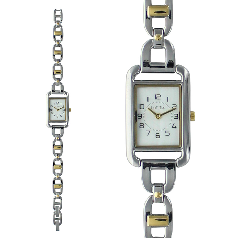 Montre Lutetia boîtier et bracelet en métal couleur argent et doré, cadran blanc