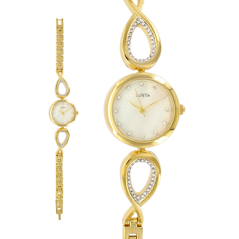 Montre Lutetia boîtier et bracelet métal doré, cadran blanc et pierres synthétiques