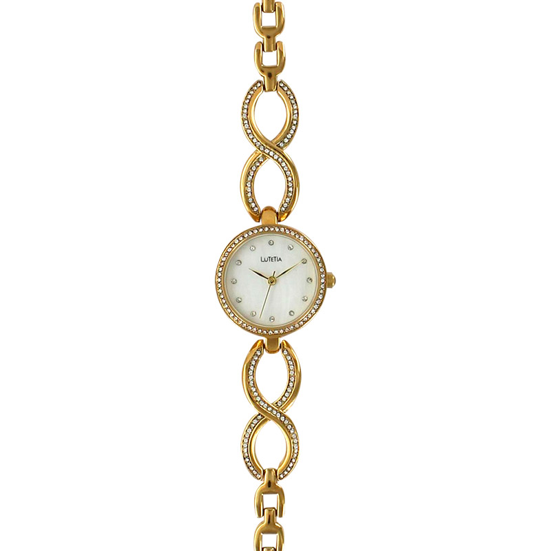 Montre Lutetia boîtier et bracelet métal doré, pierres synthétiques, cadran blanc