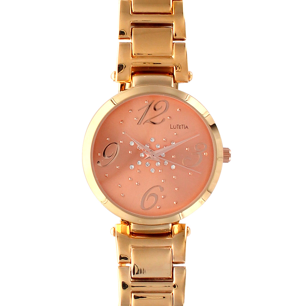 Montre Lutetia boîtier et bracelet métal doré rose, pierres synthétiques et chiffres arabes