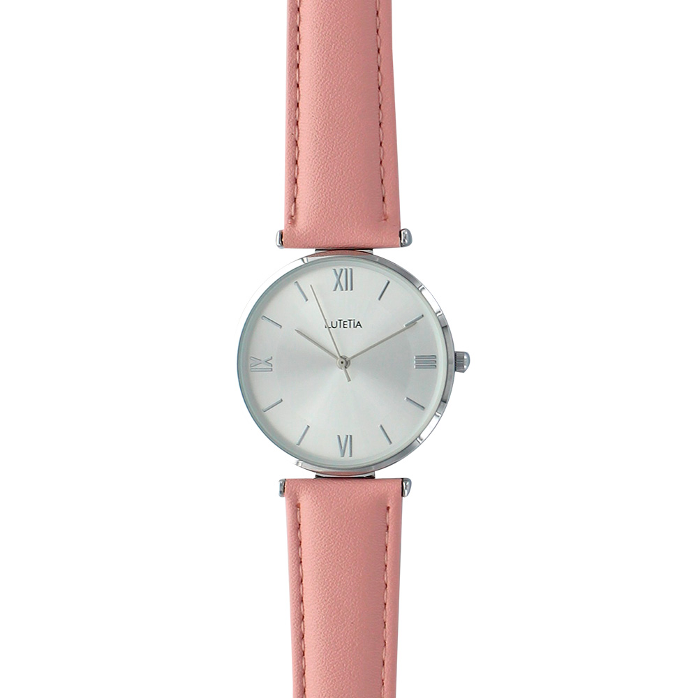 Montre Lutetia boîtier et cadran métal couleur argent, bracelet synthétique rose