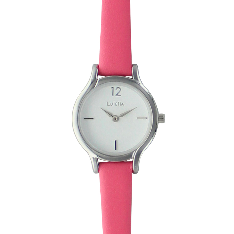 Montre Lutetia boîtier métal argenté, cadran blanc, bracelet cuir de veau rose