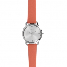 Montre Lutetia boîtier métal argenté, verre bombé et bracelet cuir de veau couleur corail