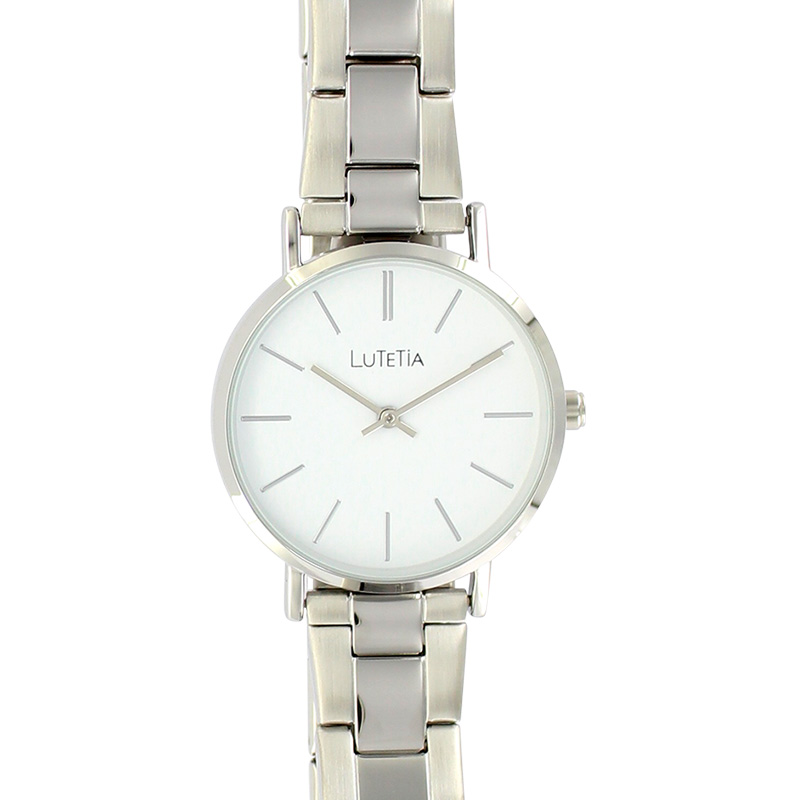 Montre Lutetia boîtier métal, cadran blanc et bracelet acier à boucle déployante