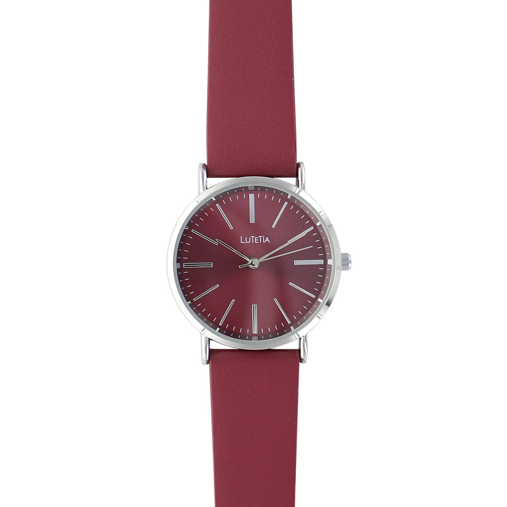 Montre Lutetia boîtier métal, cadran et bracelet synthétique couleur bordeaux