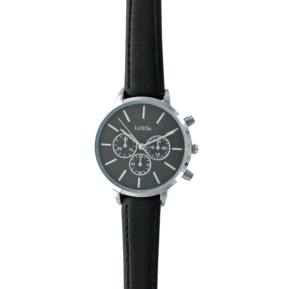 Montre Lutetia boîtier métal, chrono décoratif, cadran et bracelet synthétique noir