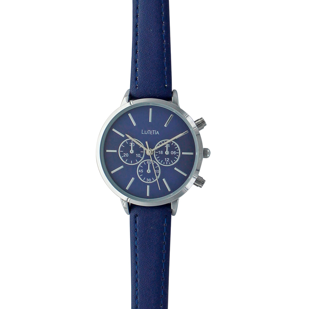 Montre Lutetia boîtier métal, chrono décoratif et bracelet synthétique bleu marine