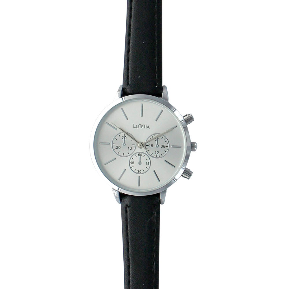 Montre Lutetia boîtier métal, chrono décoratif et bracelet synthétique noir