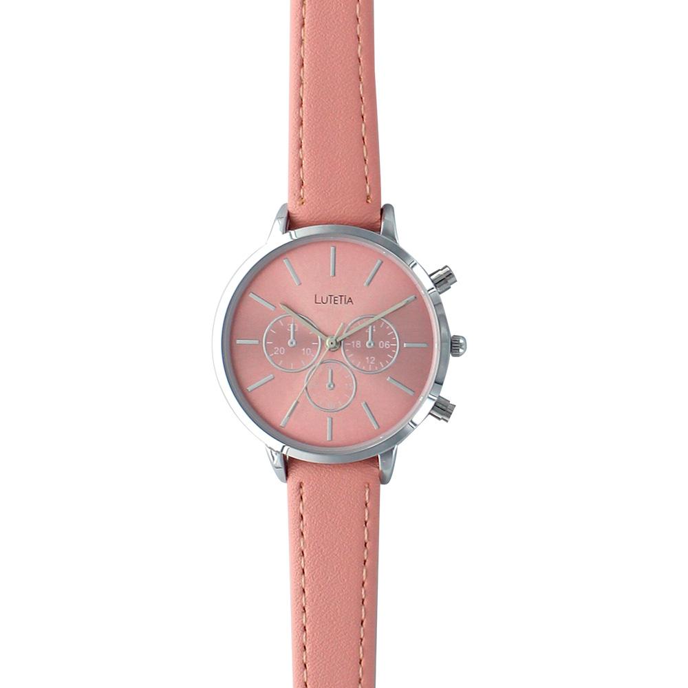 Montre Lutetia boîtier métal, chrono décoratif et bracelet synthétique rose
