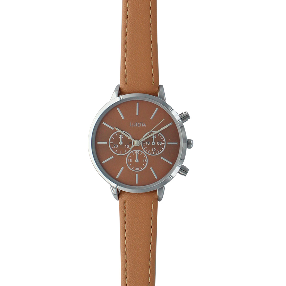 Montre Lutetia boîtier métal, chrono décoratif et bracelet synthétique taupe