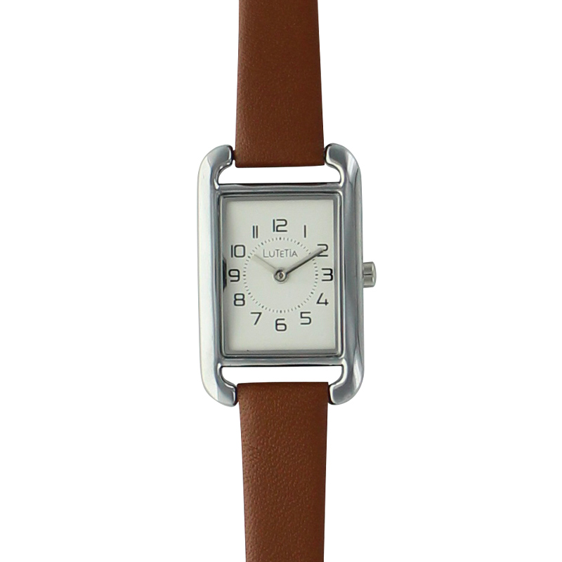 Montre Lutetia boîtier métal couleur argent et bracelet cuir de veau marron doublure synthétique
