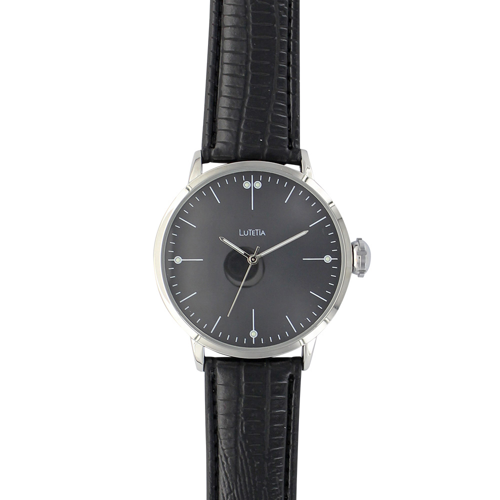 Montre Lutetia boîtier métal diam. 45mm, cadran noir et bracelet noir aspect crocodile