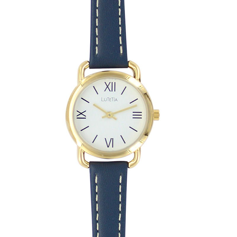 Montre Lutetia boîtier métal doré, cadran blanc, bracelet cuir de bovin bleu, surpiqûres