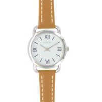 Montre Lutetia boîtier métal doré, cadran blanc, bracelet cuir de bovin marron clair, surpiqûres