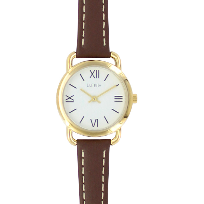 Montre Lutetia boîtier métal doré, cadran blanc, bracelet cuir de bovin marron, surpiqûres
