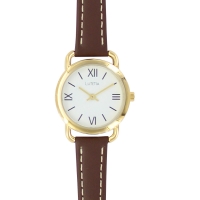 Montre Lutetia boîtier métal doré, cadran blanc, bracelet cuir de bovin marron, surpiqûres