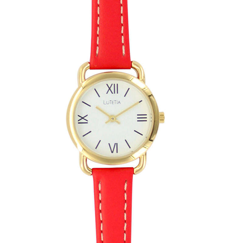 Montre Lutetia boîtier métal doré, cadran blanc, bracelet cuir de bovin rouge, surpiqûres