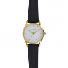 Montre Lutetia boîtier métal doré, cadran blanc, index et bracelet cuir de veau noir