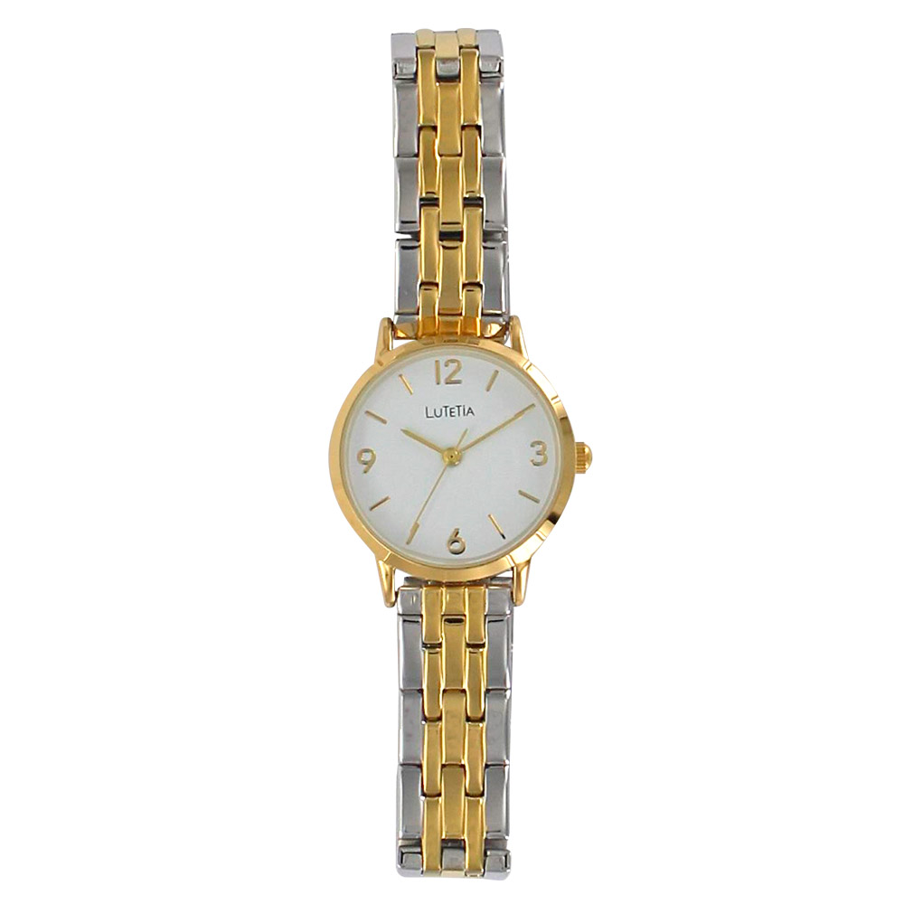 Montre Lutetia boîtier métal doré, cadran blanc, index et chiffres arabes, bracelet métal bicolore