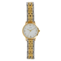Montre Lutetia boîtier métal doré, cadran blanc, index et chiffres arabes, bracelet métal bicolore