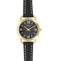 Montre Lutetia boîtier métal doré, cadran noir, bracelet cuir de bovin noir, surpiqûres