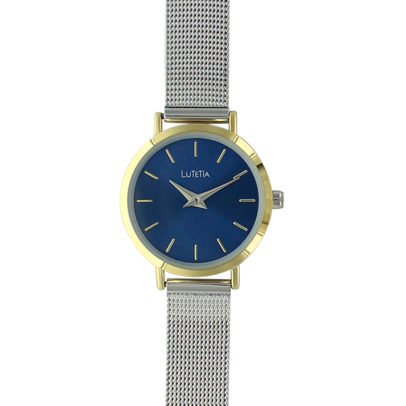 Montre Lutetia boîtier métal doré et bracelet acier milanais argenté, cadran bleu