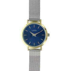 Montre Lutetia boîtier métal doré et bracelet acier milanais argenté, cadran bleu