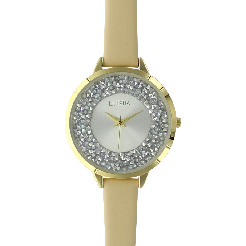 Montre Lutetia boîtier métal doré et bracelet cuir de veau beige, pierres synthétiques