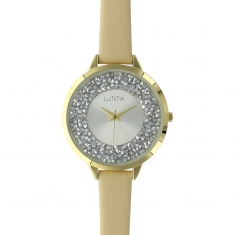 Montre Lutetia boîtier métal doré et bracelet cuir de veau beige, pierres synthétiques