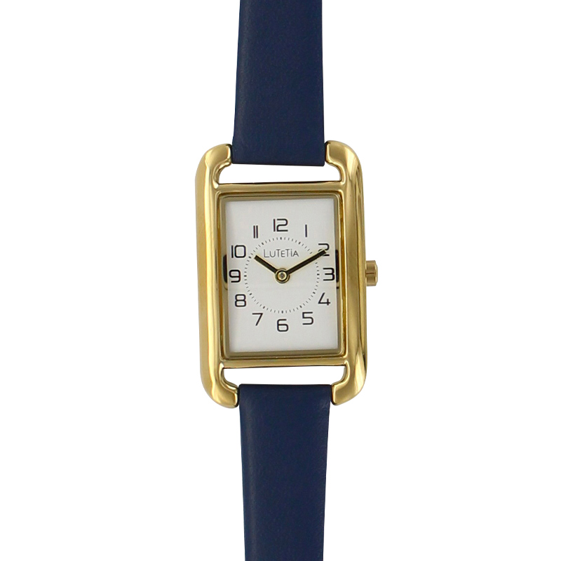 Montre Lutetia boîtier métal doré et bracelet cuir de veau bleu marine doublure synthétique