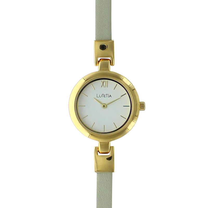 Montre Lutetia boîtier métal doré et bracelet fin cuir de veau gris clair