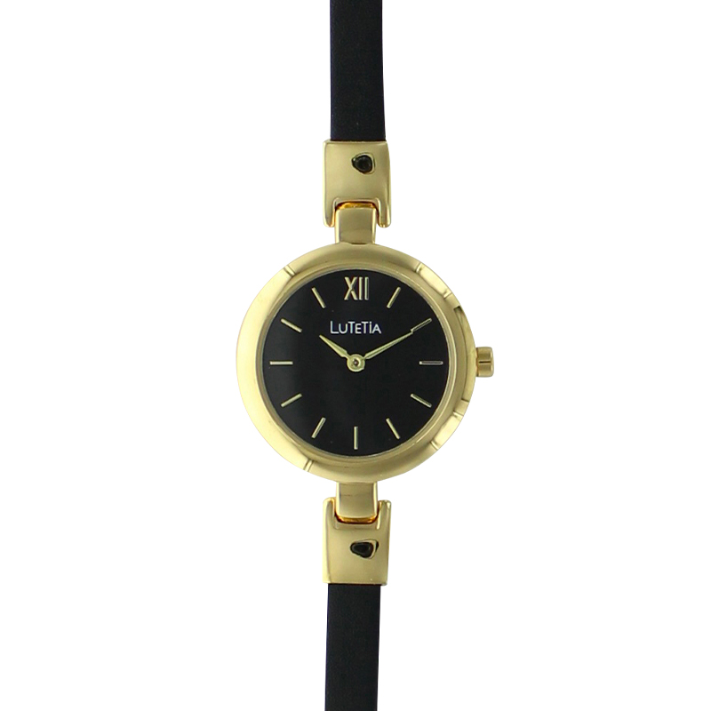 Montre Lutetia boîtier métal doré et bracelet fin cuir de veau noir