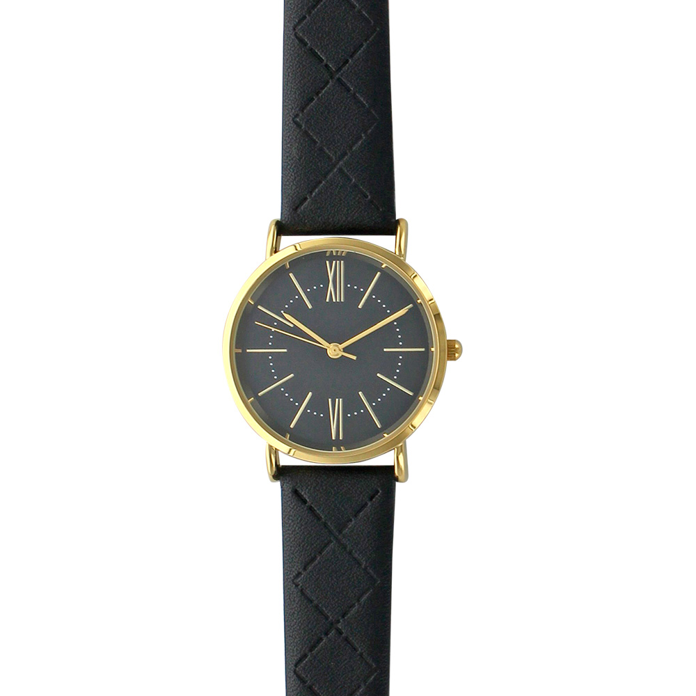 Montre Lutetia boîtier métal doré et bracelet synthétique noir avec motifs