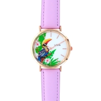 Montre Lutetia boîtier métal doré rose, cadran motif toucan et bracelet synthétique parme