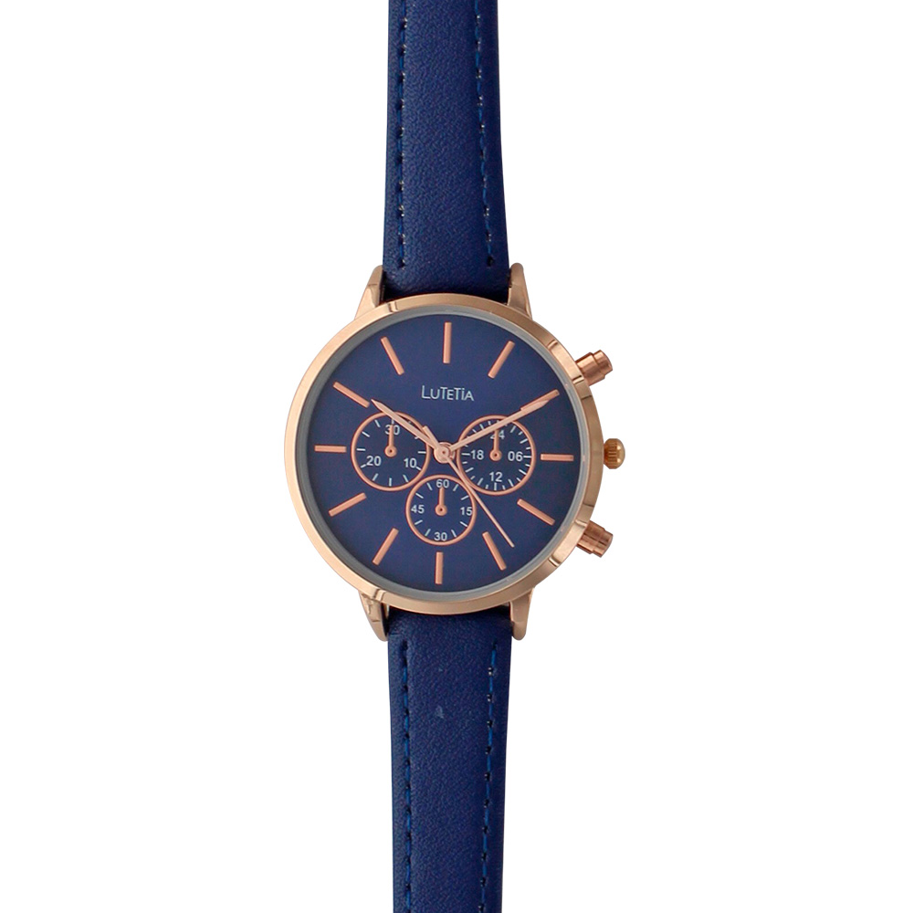 Montre Lutetia boîtier métal doré-rose, chrono décoratif et bracelet synthétique bleu marine