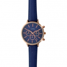 Montre Lutetia boîtier métal doré-rose, chrono décoratif et bracelet synthétique bleu marine