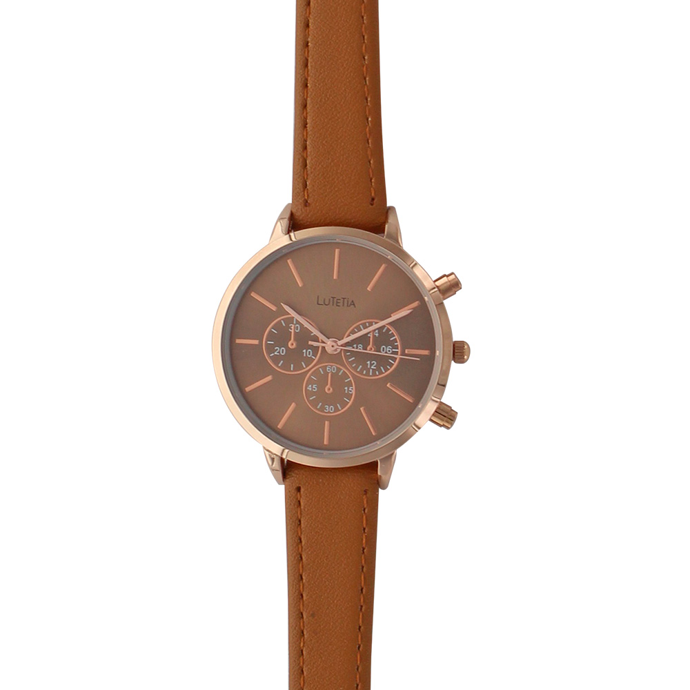 Montre Lutetia boîtier métal doré-rose, chrono décoratif et bracelet synthétique marron