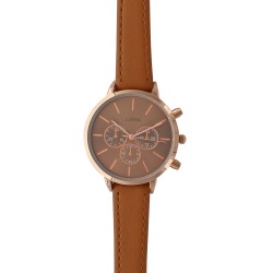 Montre Lutetia boîtier métal doré-rose, chrono décoratif et bracelet synthétique marron
