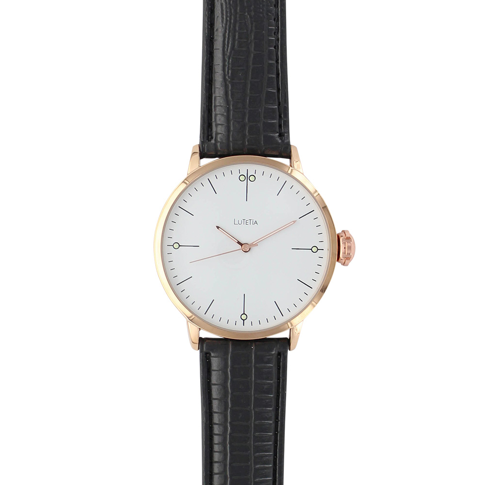 Montre Lutetia boîtier métal doré-rose diam. 45mm, cadran blanc, bracelet noir aspect crocodile