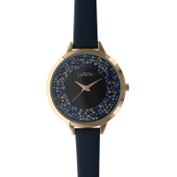 Montre Lutetia boîtier métal doré-rose et bracelet cuir de veau bleu foncé, pierres synthétiques
