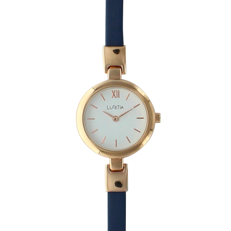 Montre Lutetia boîtier métal doré-rose et bracelet fin cuir de veau bleu marine