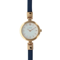 Montre Lutetia boîtier métal doré-rose et bracelet fin cuir de veau bleu marine