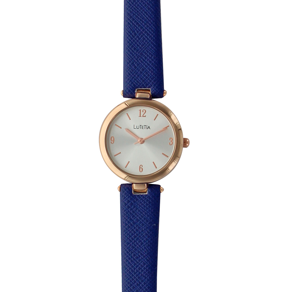 Montre Lutetia boîtier métal doré-rose et bracelet synthétique aspect grainé bleu marine