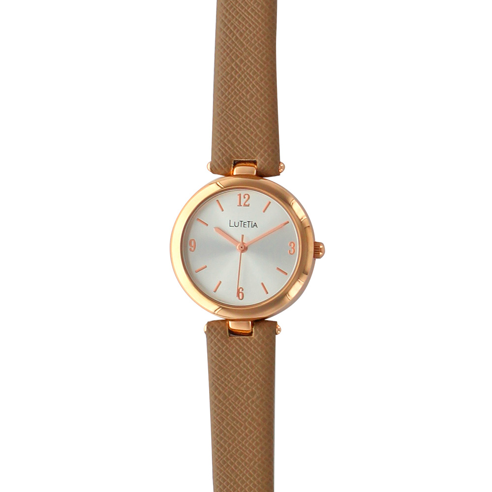 Montre Lutetia boîtier métal doré-rose et bracelet synthétique aspect grainé taupe