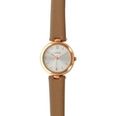 Montre Lutetia boîtier métal doré-rose et bracelet synthétique aspect grainé taupe