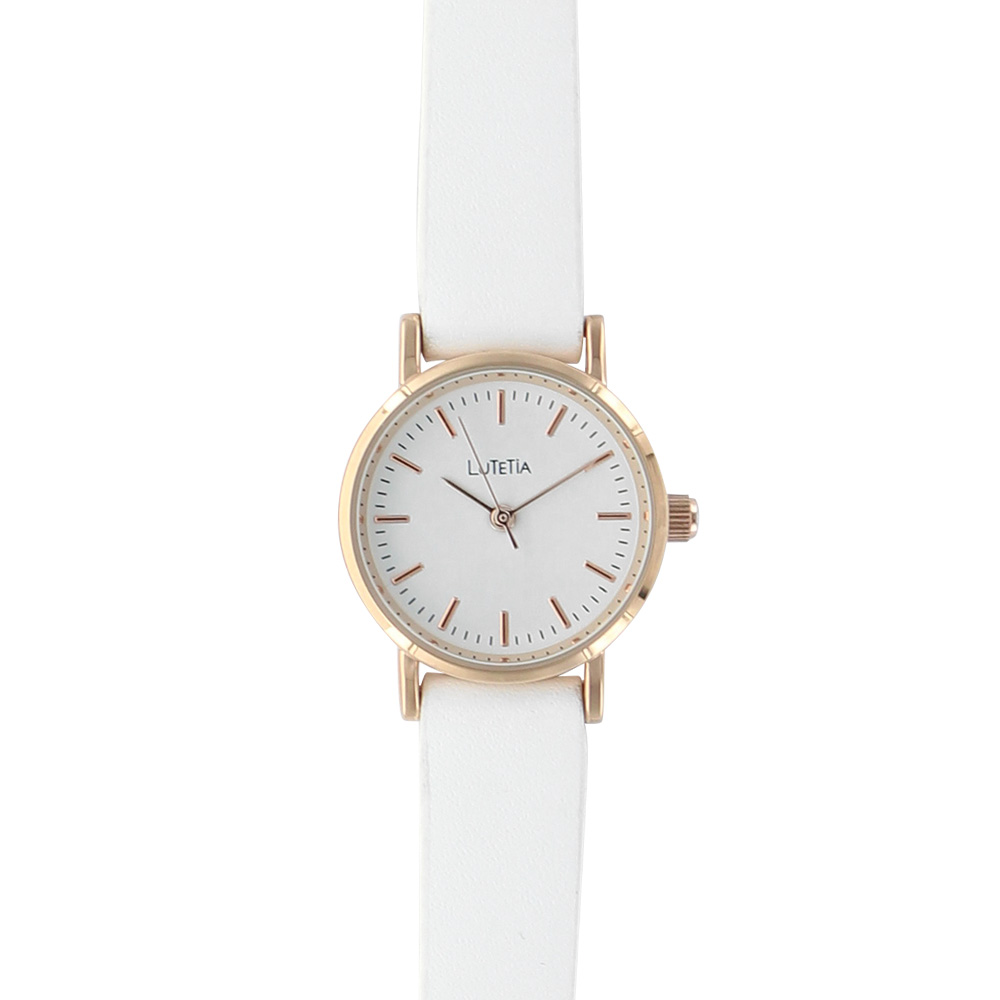 Montre Lutetia boîtier métal doré rose ø 25 mm, cadran et bracelet synthétique blanc